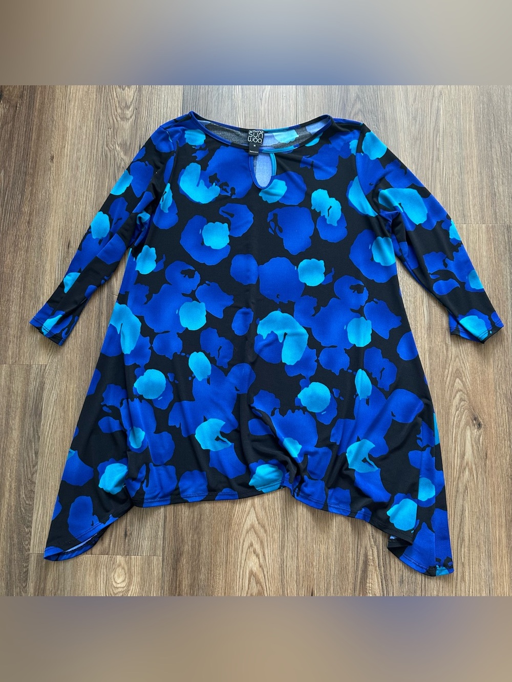 Clara Sun Woo Blue Floral Tunic Top Asymmetric Boho Artsy Keyhole Women Medium